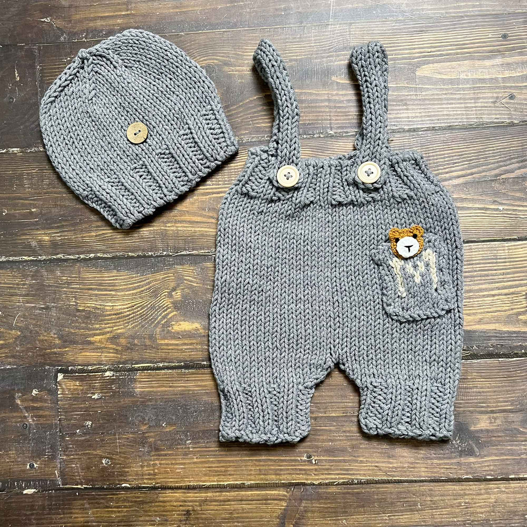 Bear Pocket Suspender Pants & Beanie Hat Set