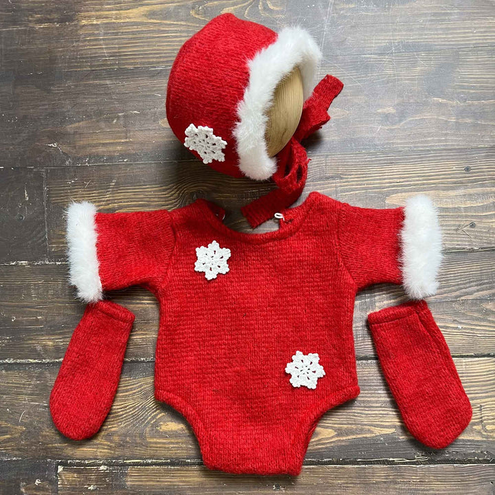 Red Snowflake Accent Newborn Hat, Romper & Socks Set