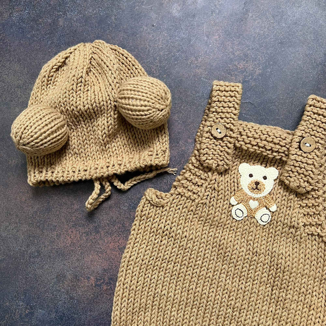 Newborn Handmade Knitted Bear Hat & Romper Set