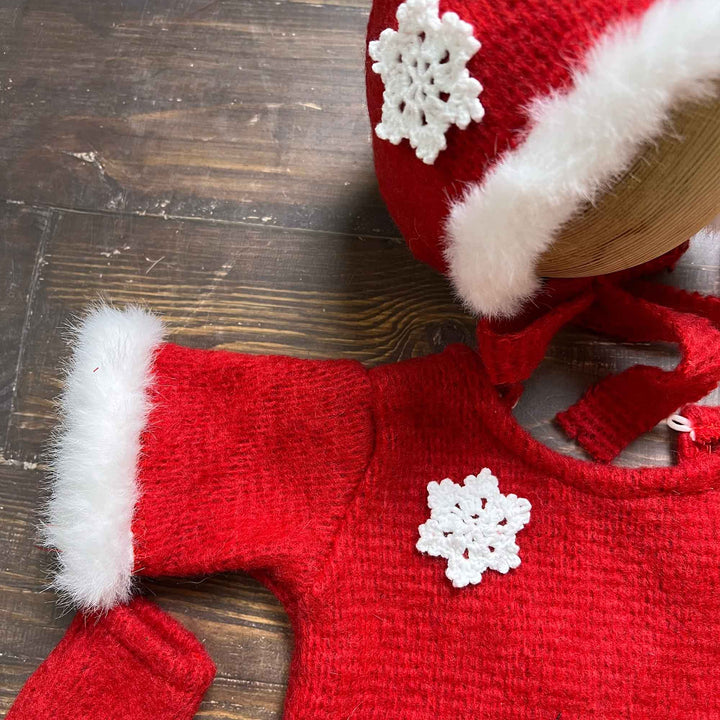 Red Snowflake Accent Newborn Hat, Romper & Socks Set