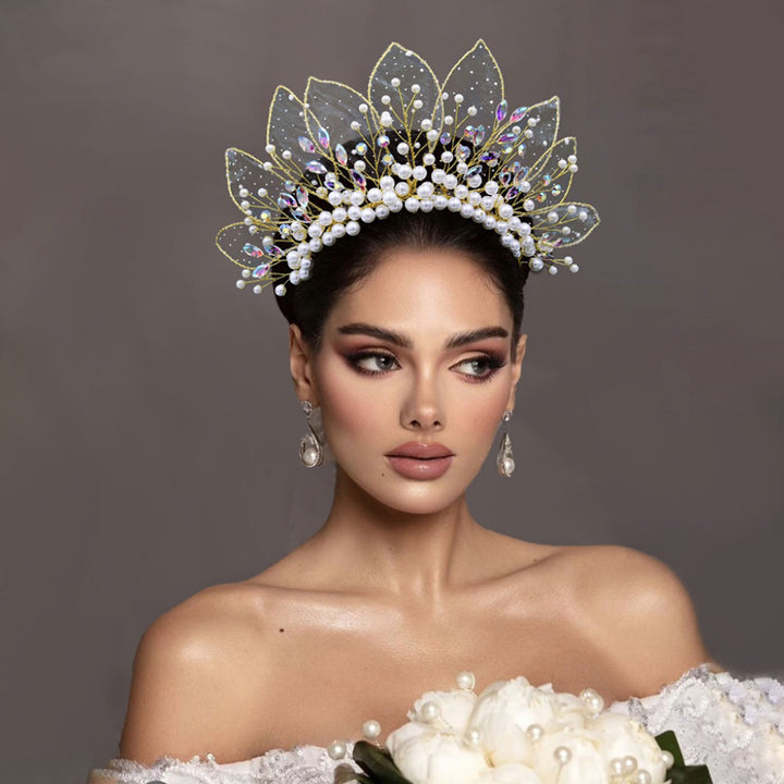 Tulle Leaf Pearl Rhinestone Crown Headpieces