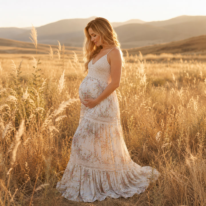 A pregnant woman stands in profile in a field of dry tall grass with mountains in the background, wearing an apricot bottom floral print maternity maxi dress with spaghetti straps, a crochet bodice, and lace-trimmed tiered panels on the skirt that pools on the ground.
